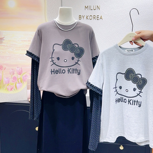 波点假两件KT猫上衣~韩国东大门秋冬木耳边磨毛长袖T恤大码内搭