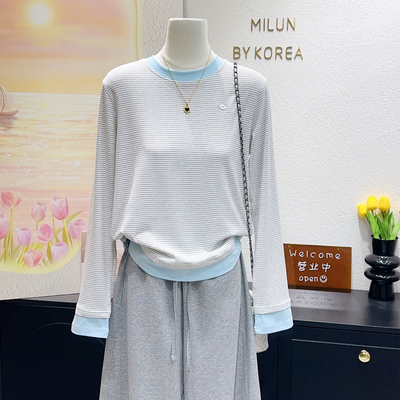 93%棉垂感遮肚条纹假两件长袖