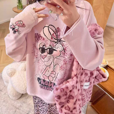 纸袋家粉红豹纹加绒卫衣宽松减龄