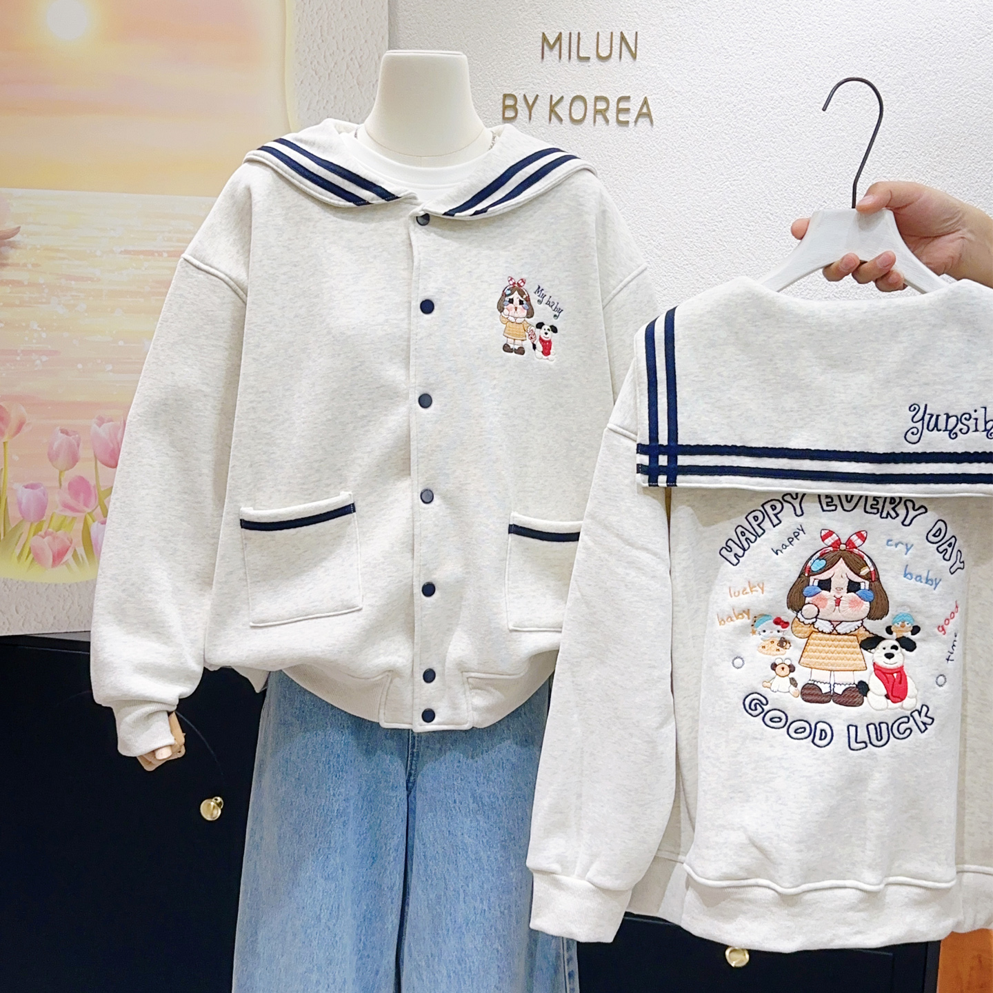 学院风海军娃娃领加绒外套开衫