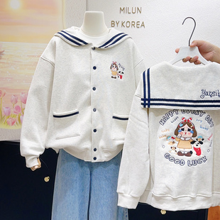 甜酷洋气~韩代款秋冬原宿风重工刺绣加绒卫衣海军娃娃领外套大码