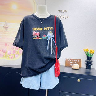 背后kitty猫漂亮~韩国东大门100%棉水洗高品质短袖复古木耳袖T恤