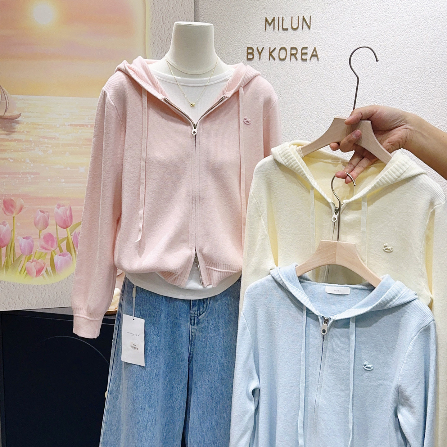 早春温柔粉蓝色~韩代款别致气质连帽双拉链针织衫毛衣显瘦小个子