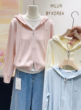 早春温柔粉蓝色~韩代款别致气质连帽双拉链针织衫毛衣显瘦小个子