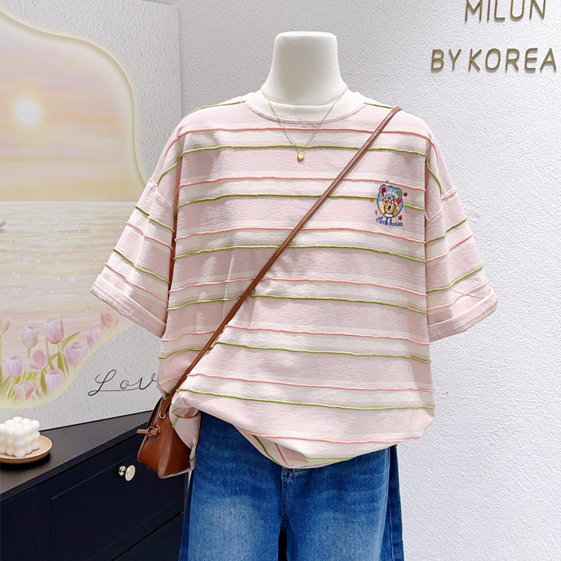 韩代春夏款奶甜条纹上衣~ins可爱小熊刺绣清新粉色短袖T恤宽松,女装/女士精品,T恤,淘宝优惠券,粉丝福利购,淘宝优惠卷