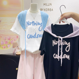 针织披肩大码 微胖姐妹两件套上衣 韩国订单春夏重工植绒字母短袖