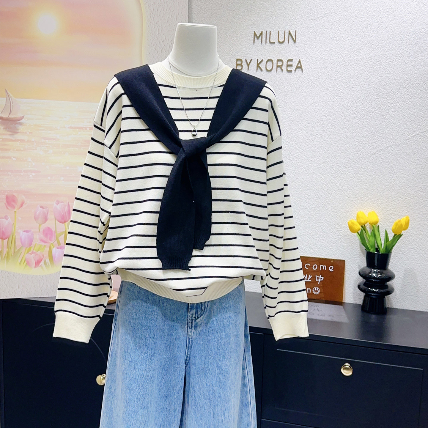 新实用主义两件套~韩国单春季软糯条纹针织衫毛衣+披肩休闲大码