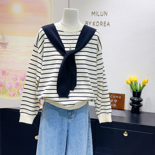 新实用主义两件套~韩国单春季软糯条纹针织衫毛衣+披肩休闲大码