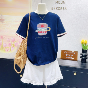夏日清凉感~韩国东大门ins文艺森女风正肩短袖麻感棉上衣显瘦宽松