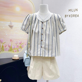 日杂独特竖条纹衬衣泡泡袖 夏季 上衣 亚麻棉面料小衫 波西米亚风格