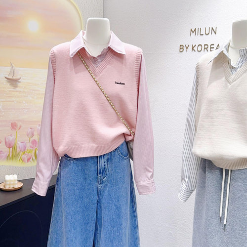 小个子衬衫拼接针织马甲假两件