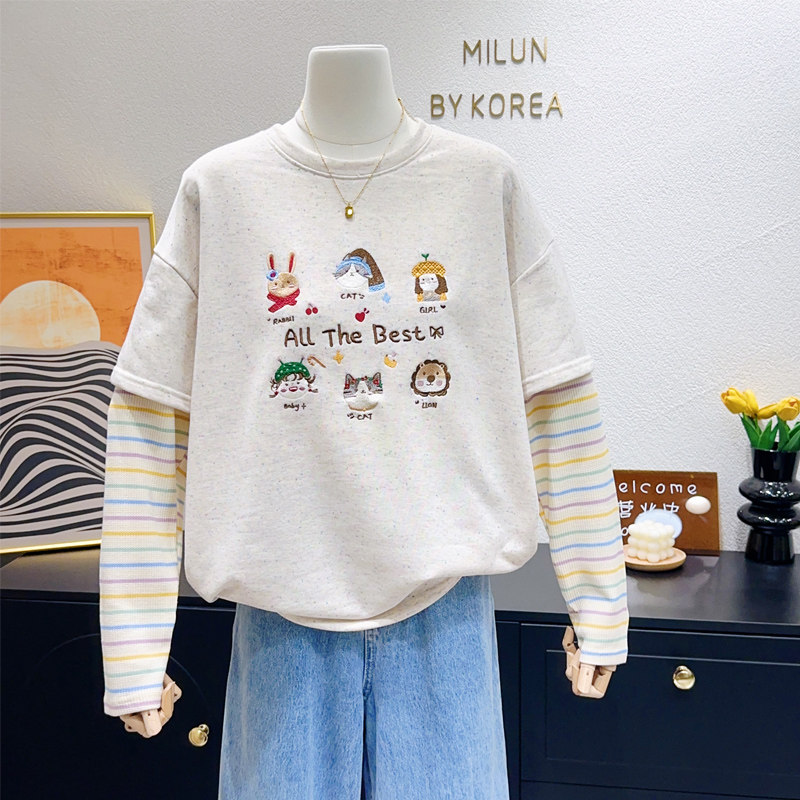 踏春多巴胺~韩国东大门ins元气刺绣假两件条纹上衣宽松显瘦T恤潮,女装/女士精品,T恤,淘宝优惠券,粉丝福利购,淘宝优惠卷