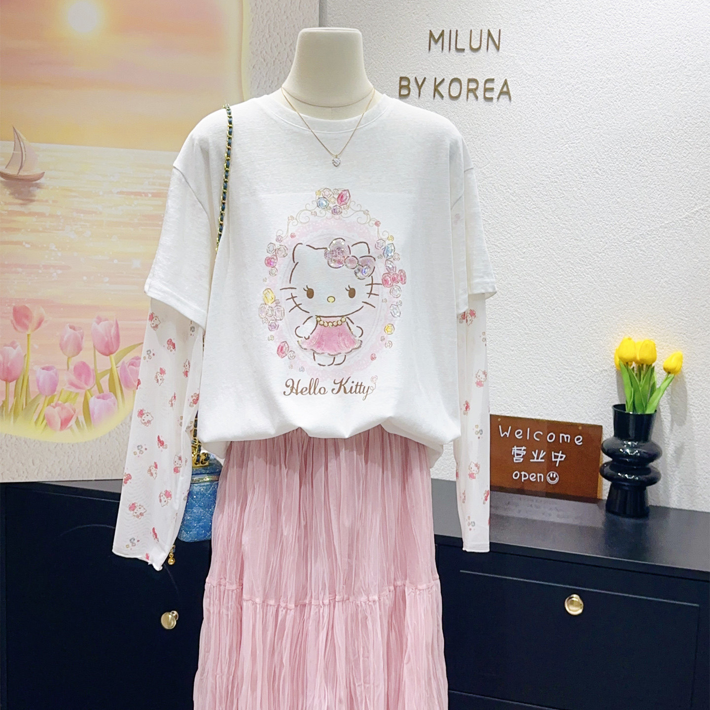 这也太甜了吧~韩国东大门亮闪闪kitty猫网纱长袖T恤防晒罩衫大码