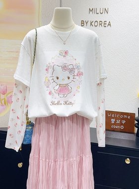 这也太甜了吧~韩国东大门亮闪闪kitty猫网纱长袖T恤防晒罩衫大码