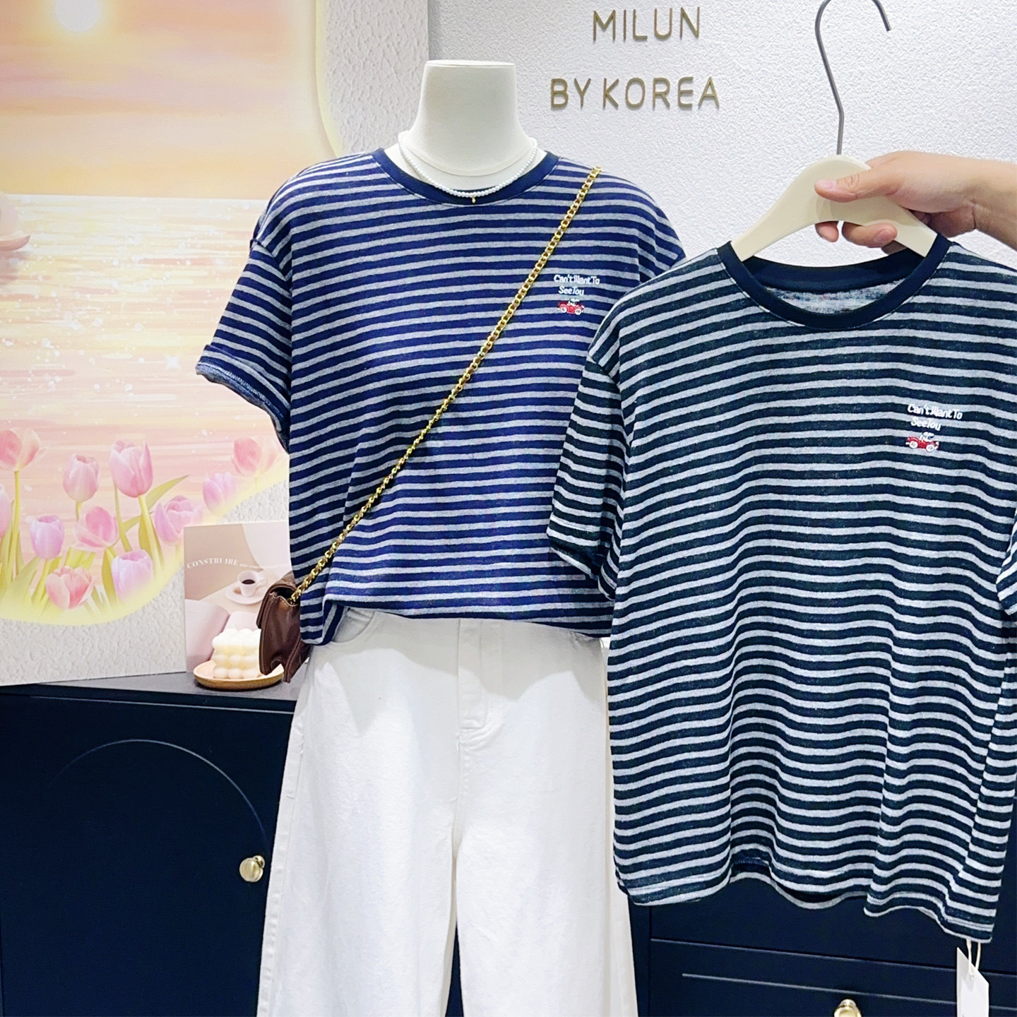 简约百搭条纹控~2026春夏季韩代款胸前刺绣短袖上衣打底T恤显瘦