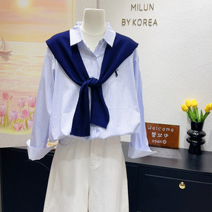 自带显瘦竖条纹衬衫两件套~韩国订单款2026春季刺绣小马衬衣+披肩