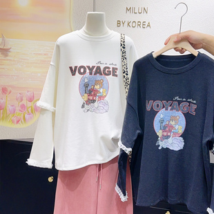 韩国东大门上衣~减龄休闲松弛感假两件长袖木耳边蕾丝袖上衣大码