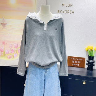 上衣欧货 拉夫刺绣蕾丝连帽灰色长袖 老钱风松弛感 韩国单2026春季