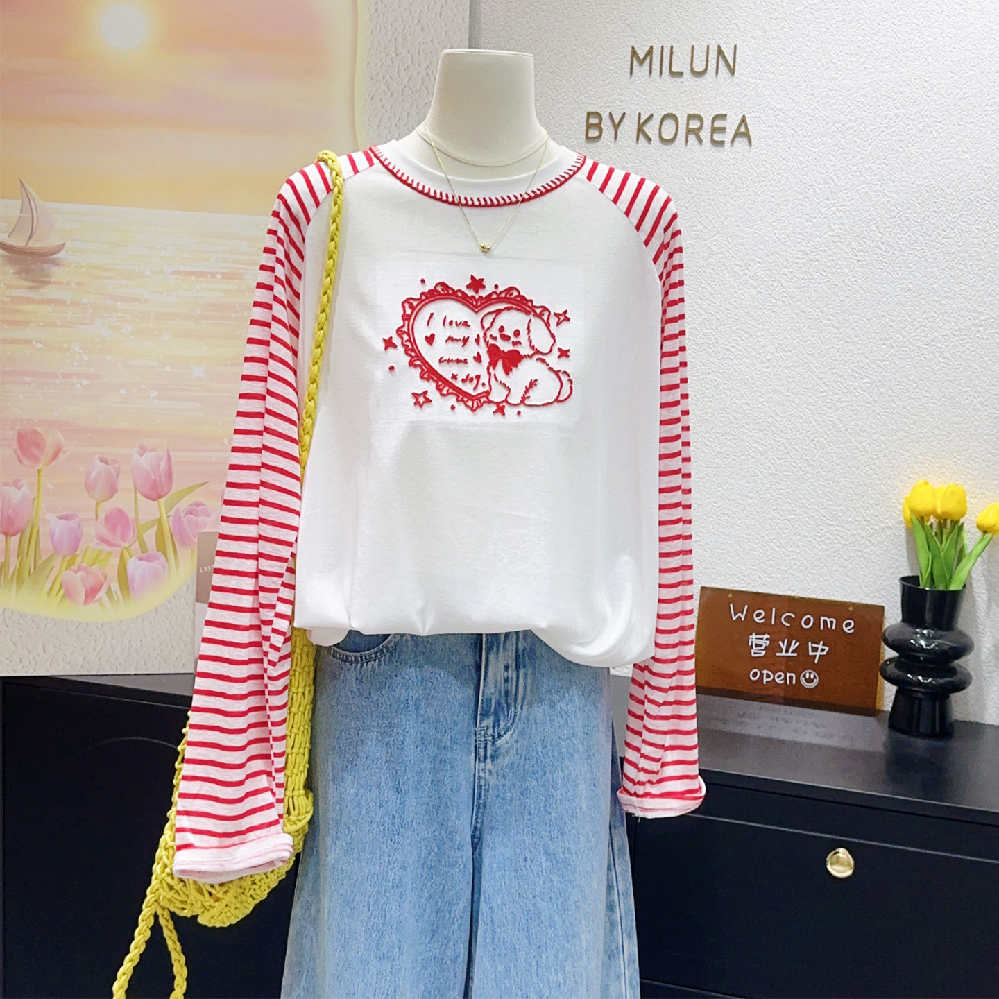 童趣慵懒风~韩国东大门春夏元气红色条纹长袖T恤薄款防晒罩衫大码