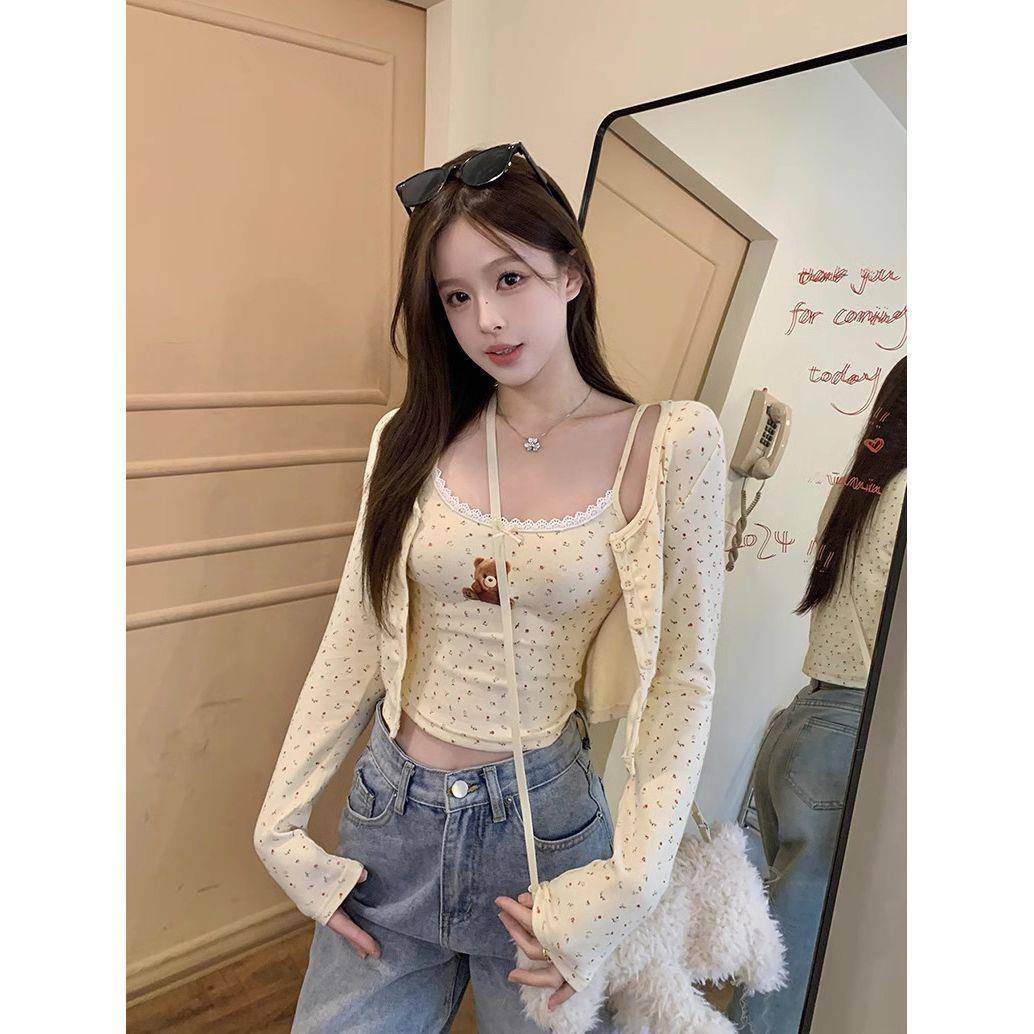 深微吊带巨辣上衣吊带小熊印花纯欲碎花灰色吊带小背心女带胸垫夏