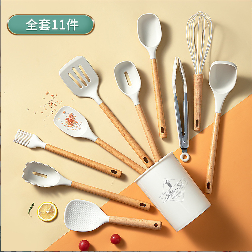 新款奶白色木柄硅胶厨具