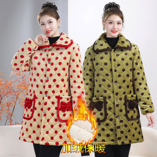 加绒加厚棉衣女士家居服中长款三层保暖棉服妈妈冬装罩衣棉袄外套