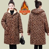 棉服女豹纹家居服可外穿罩衣中长款 加绒加厚棉衣冬季 宽松保暖外套