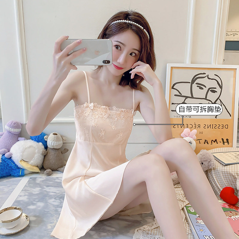 新款纯欲风蕾丝抹胸带胸垫真丝吊带睡裙夏季冰丝性感睡衣女