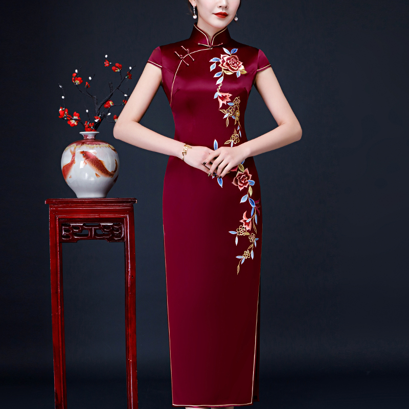 酒红妈妈装婚宴真丝长款旗袍喜婆婆婚礼旗袍裙礼服婚庆婚宴服夏季