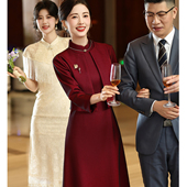 酒红色小个子两件套妈妈装 婚宴复合网旗袍喜宴结婚婚礼无开叉礼服