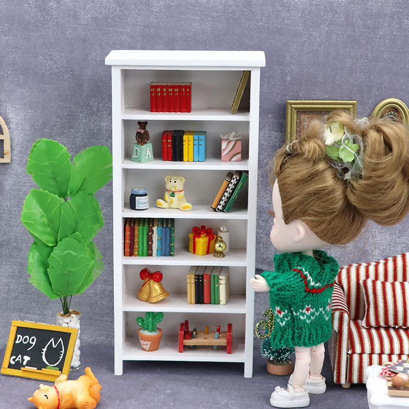 爆款1:12娃娃屋dollhouse迷你家具10分ob11娃屋木质白色立式书柜