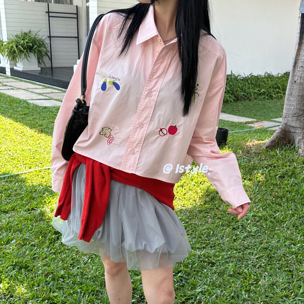 韩版istyle春季2026新款趣味蔬果刺绣印花衬衣长袖polo领短款衬衫