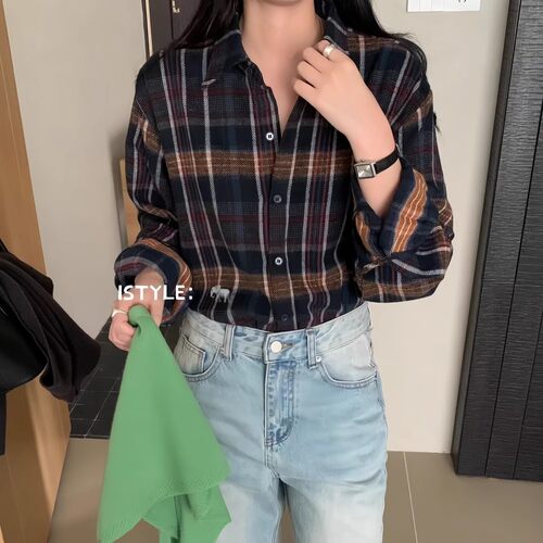 特价不退换 韩版istyle春秋加厚磨毛衬衣复古长袖格子宽松衬衫女