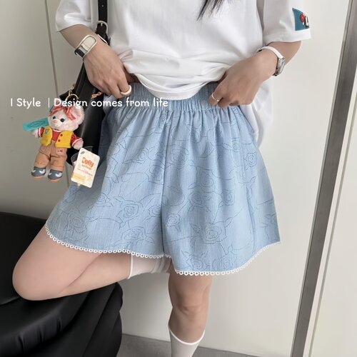 2026春夏istyle韩版百搭格子a字阔腿裤蕾丝花边拼接休闲短裤女潮