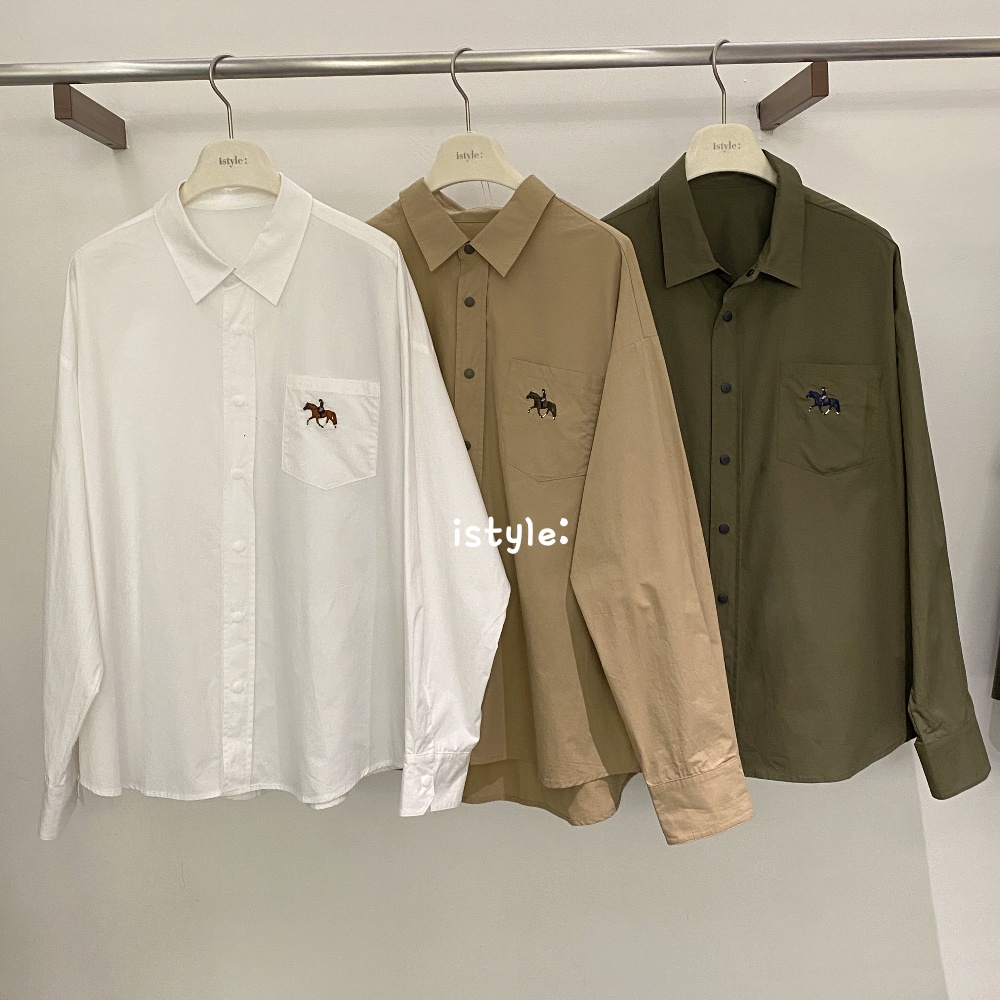 2025韩版衬衣istyle秋季新款刺绣小马logo印花宽松长袖polo领衬衫