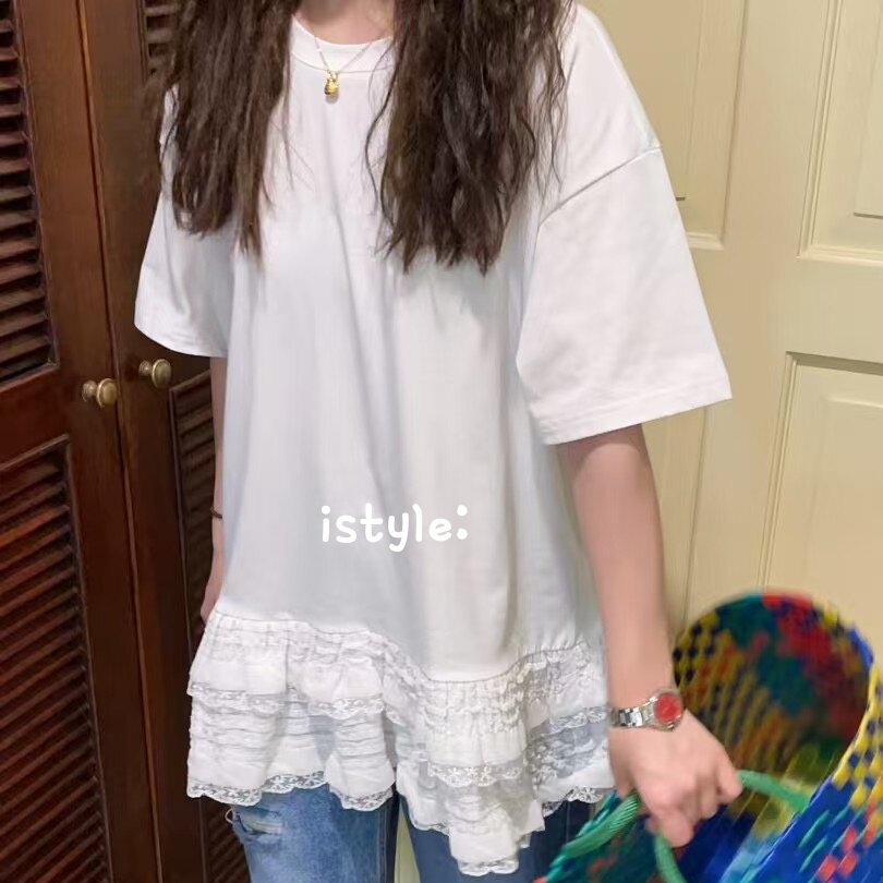 韩版istyle春季2025短袖圆领上衣蕾丝花边拼接白色T恤宽松上衣女