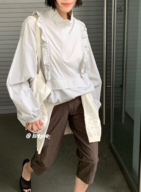 2026春夏istyle韩版木耳边立领防晒衣抽绳设计感小众条纹外套女潮