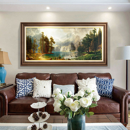 流水生财客厅一整幅挂画聚宝盆美式复古办公室书房横版山水装饰画