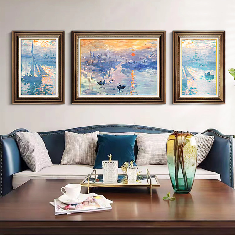 莫奈三联客厅装饰画美式复古日出印象沙发挂画法式印象派餐厅壁画