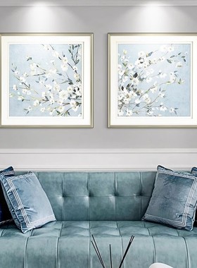 蓝色玉兰花卉实木画简美风格卧室床头挂画美式客厅装饰画法式轻奢