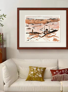 港口与山色》餐厅玄关装饰画法式中古客厅水彩画复古卧室风景壁画