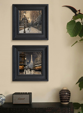 法式中古风餐厅玄关装饰画冬季巴黎美式复古客厅卧室挂画雪景壁画