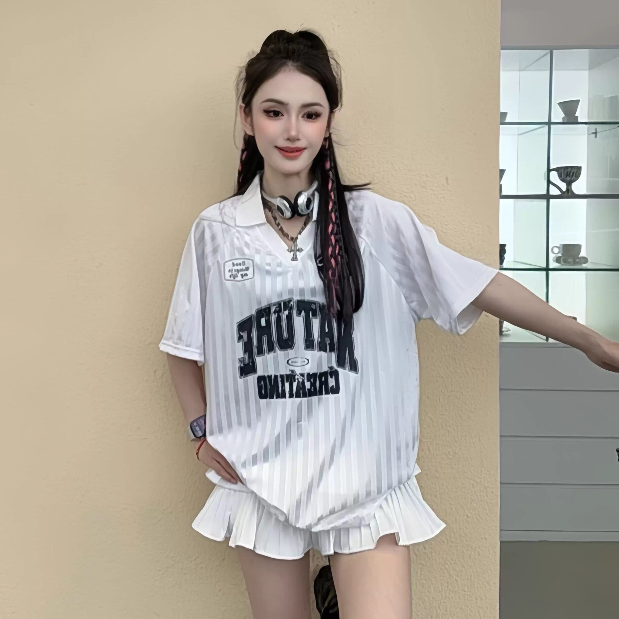 原创潮牌美式复古球衣风V领T恤