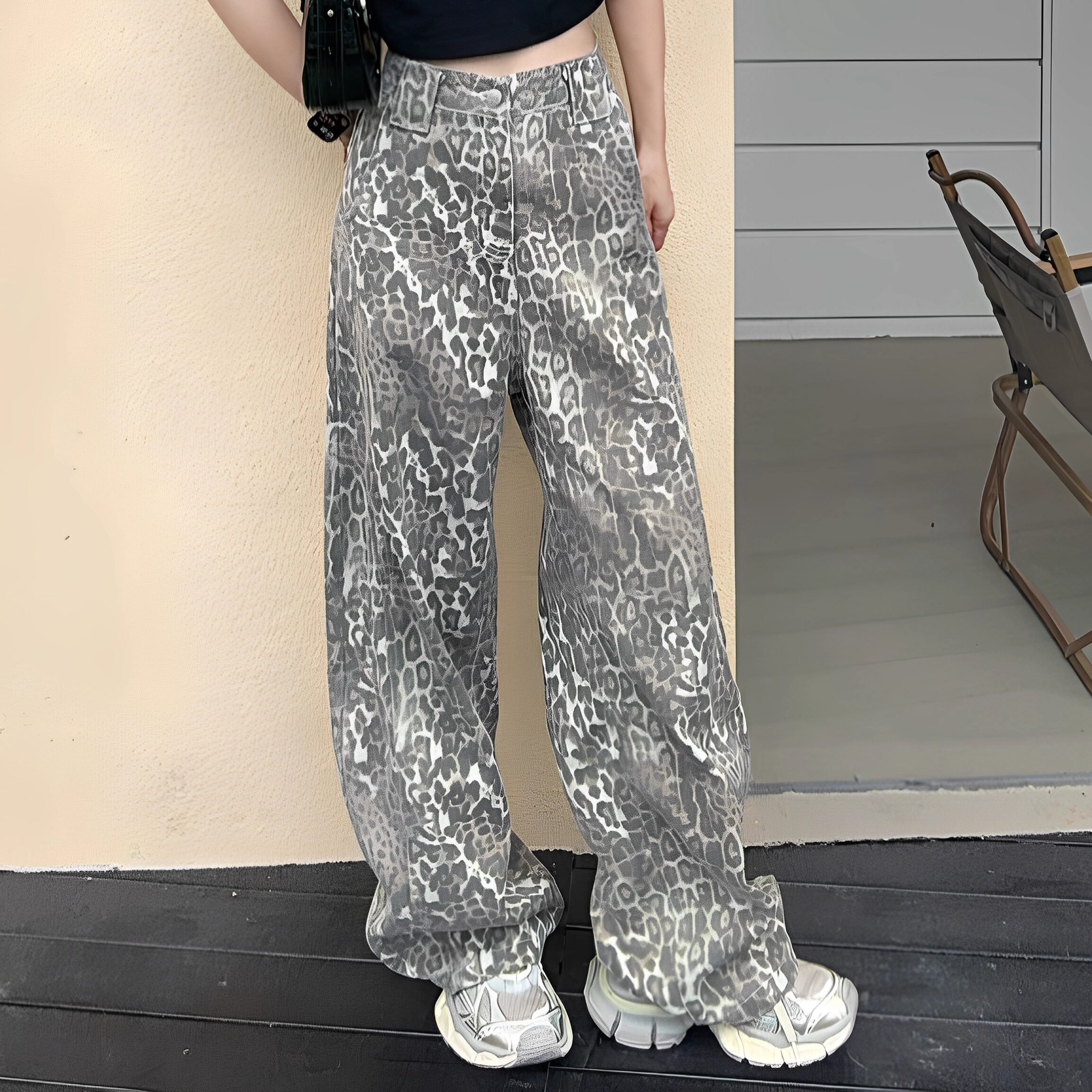 美式复古做旧水洗豹纹牛仔裤子女辣妹慵懒松弛感时髦拖地弯刀裤