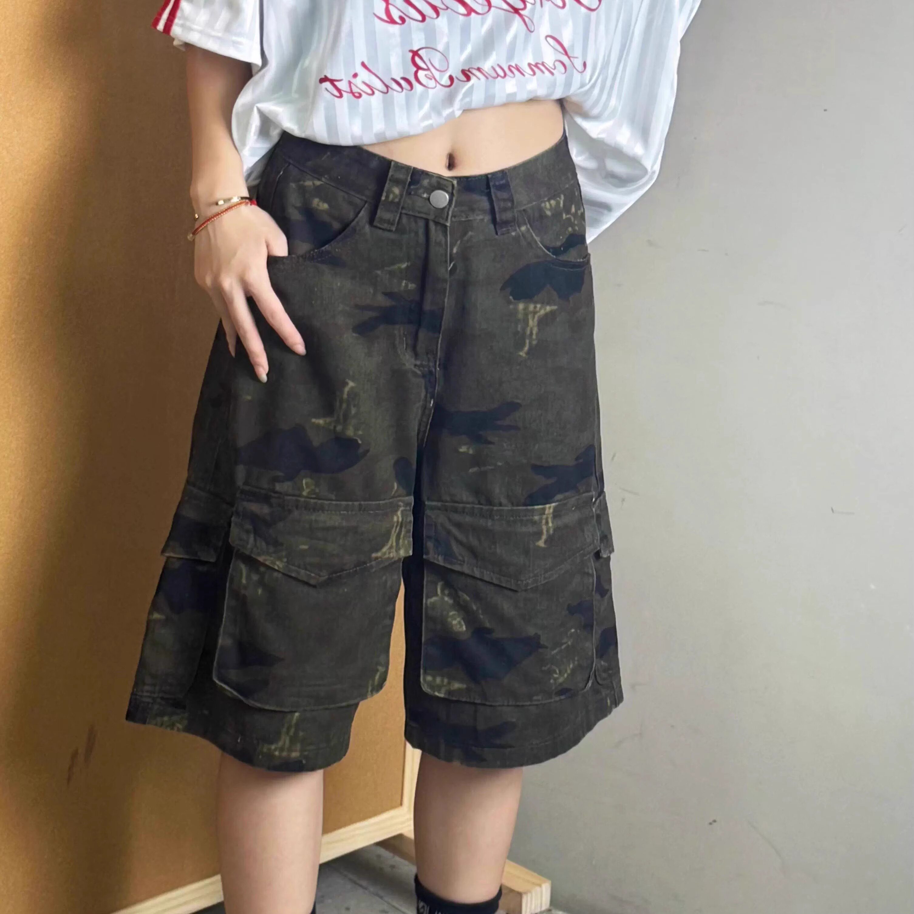 美式复古迷彩工装牛仔短裤女