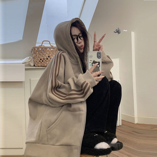 卡其色连帽卫衣外套女加绒加厚拉链oversize开衫2025新款秋冬爆款
