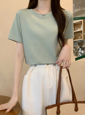浅绿色短袖t恤女半袖纯色正肩上衣纯棉夏季粉色短款宽松简约纯白