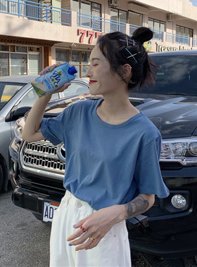 雾霾蓝t恤女短袖夏天宽松纯色半袖上衣蓝色正肩纯棉2025新款简约