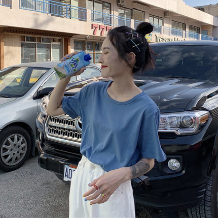 雾霾蓝t恤女短袖夏天宽松纯色半袖上衣蓝色正肩纯棉2025新款简约