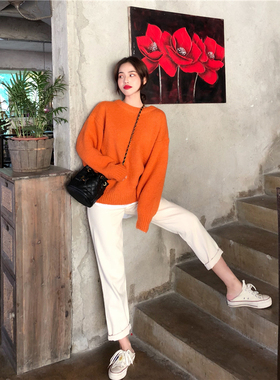 加厚橙色毛衣女宽松慵懒风粗毛线衣橘色外穿套头针织秋冬2025新款